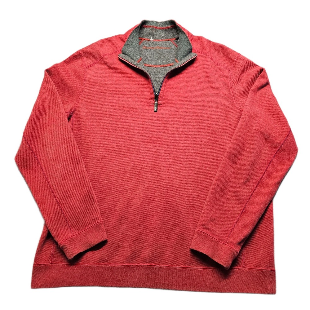 Tommy Bahama 1/4 Zip Pullover Sweater Mens Red Cotton Fleece Lined Long Sleeve